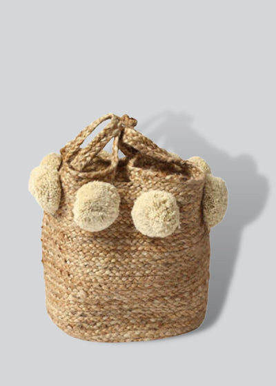In-Haus Creme Pom Pom Woven Basket with Handles