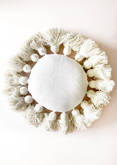 In-Haus Ivory Wool Large Tassel - Round Cushion