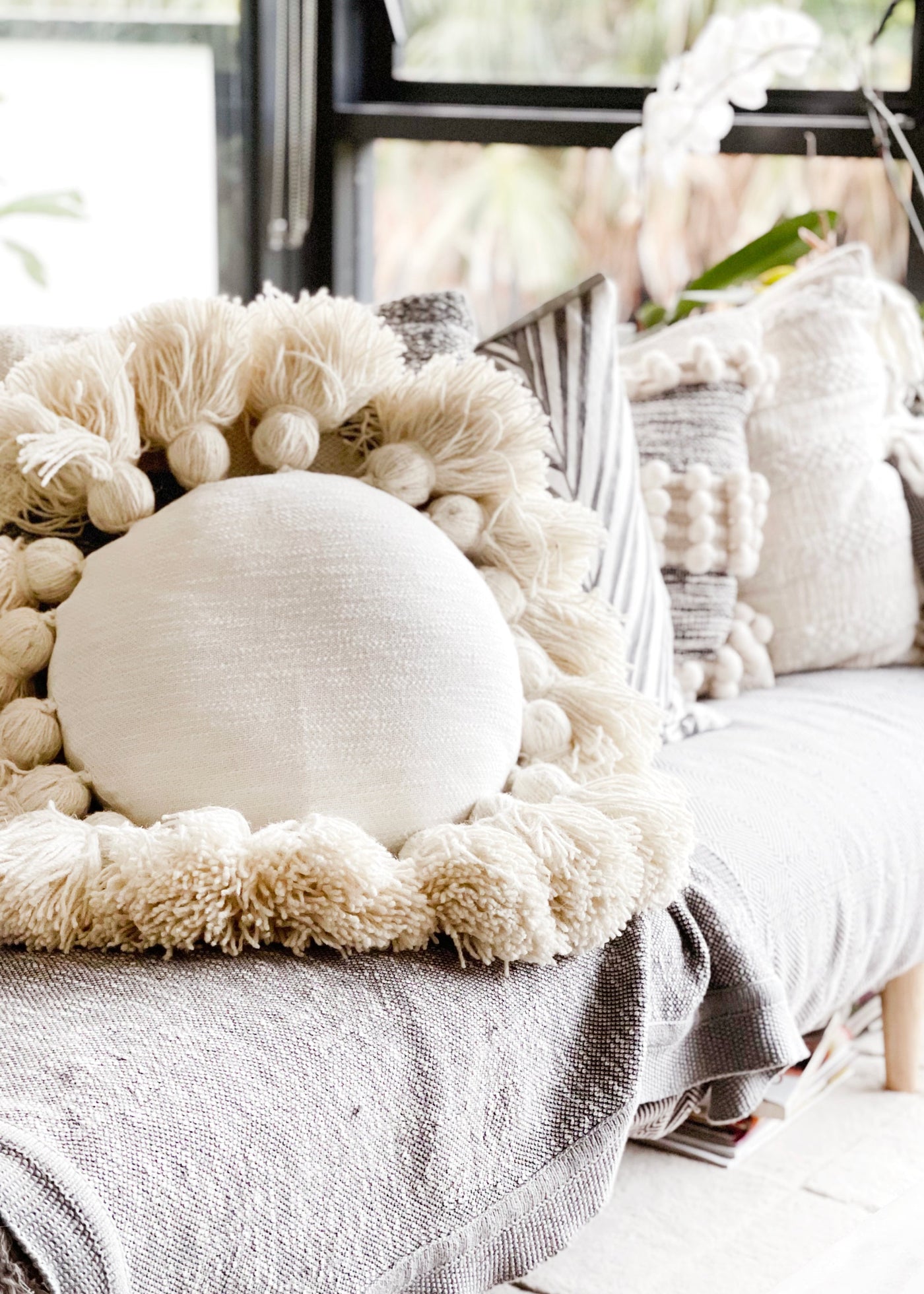 In-Haus Ivory Wool Large Tassel - Round Cushion