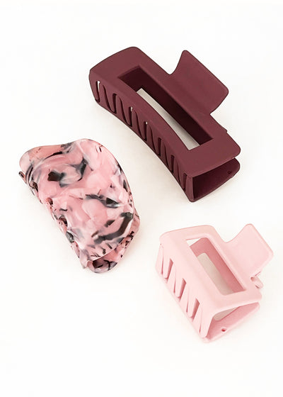 In-Haus Acrylic Hair Clips - Plum Red + Rosy Pinks